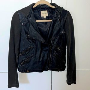 Leather jacket with sweatshirt sleeves and hoodie